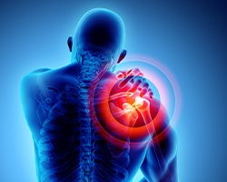Animated person with red dot on shoulder indicating chronic pain